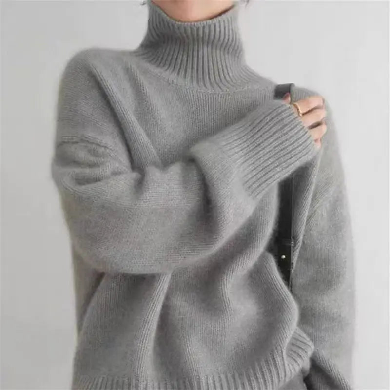 pull femme col roulé coupe longue gris