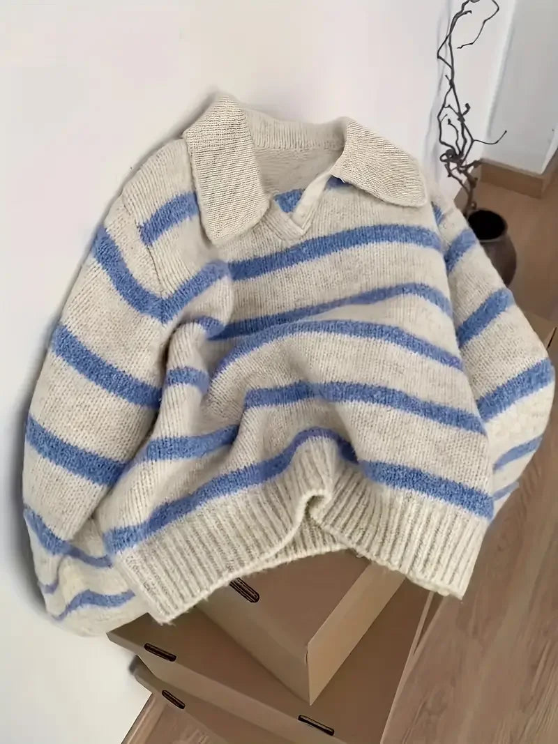 pull femme rayé col polo vue de face