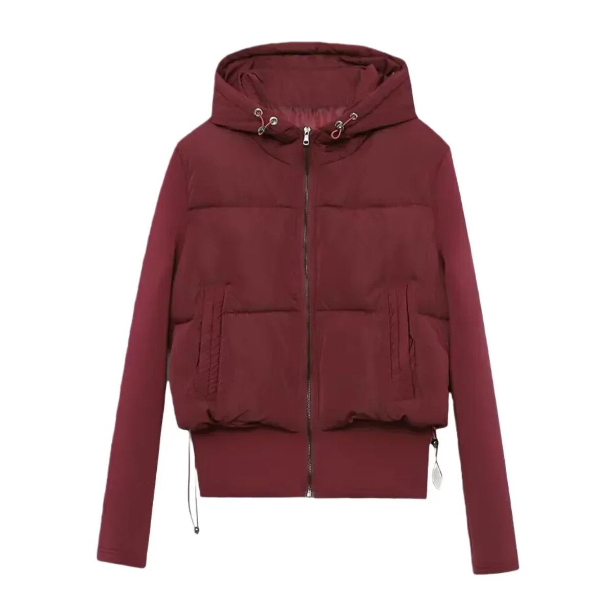 veste femme courte capuche zippée vue de face bordeau